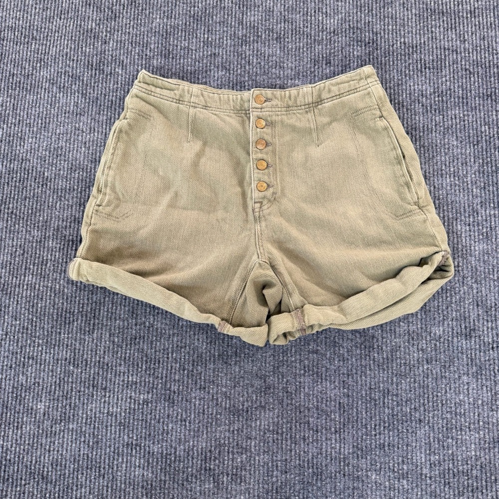 We The Free Womens Button Fly Rolled Hem Shorts 29 Olive Green Cotton Lyocell